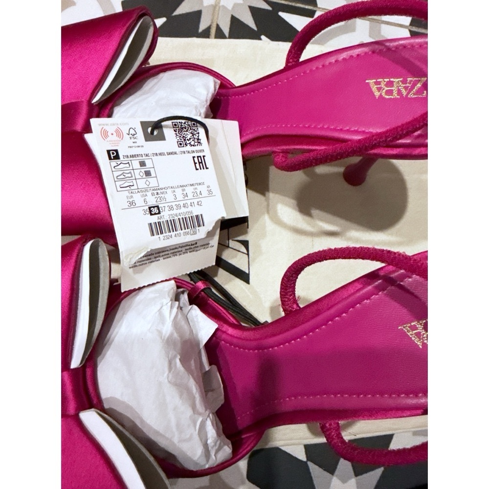 NWT NEW Zara Embeliished Fuchsia Pinn Satin Effect Bow High Heel Sandals US 6​ - Picture 3 of 10